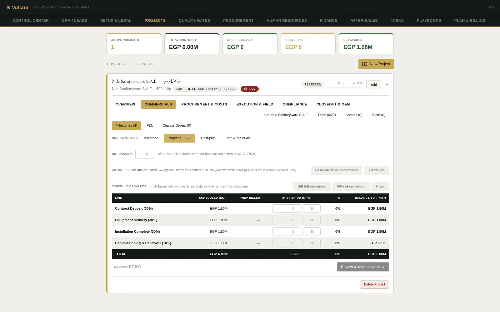 Voltara finance — schedule-of-values grid with billed-to-date carry-forward and balance-to-finish guards